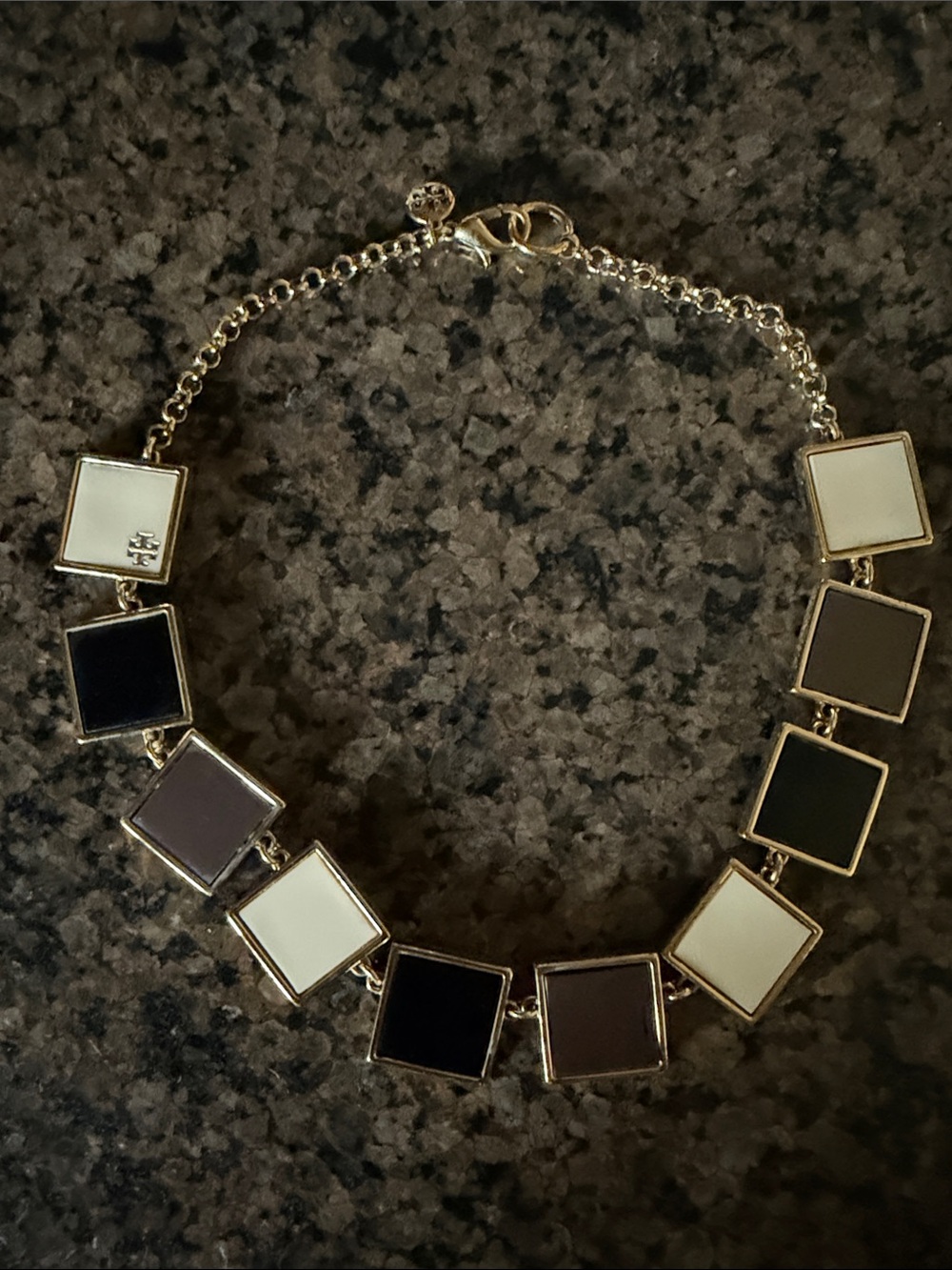 Tory Burch Gold-Tone Black, White & Brown Square Link Necklace